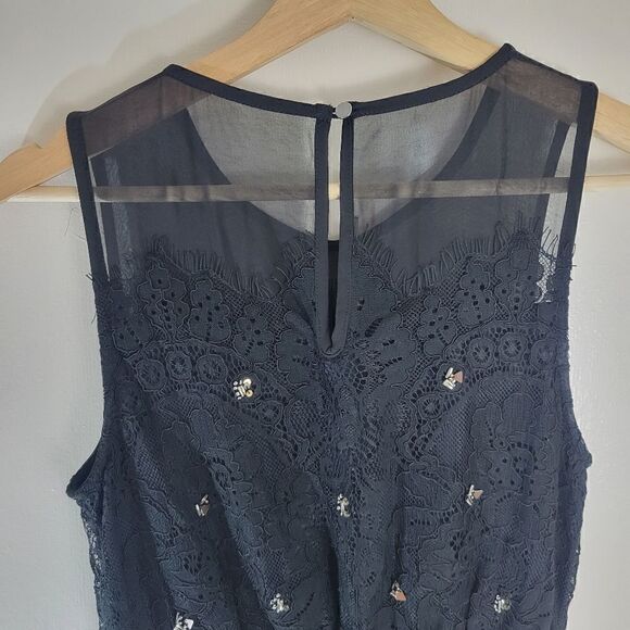 Anthropologie Meadow Rue Black Lace Sequined Sheer Collar Sleeveless Peplum Top - Picture 5 of 11